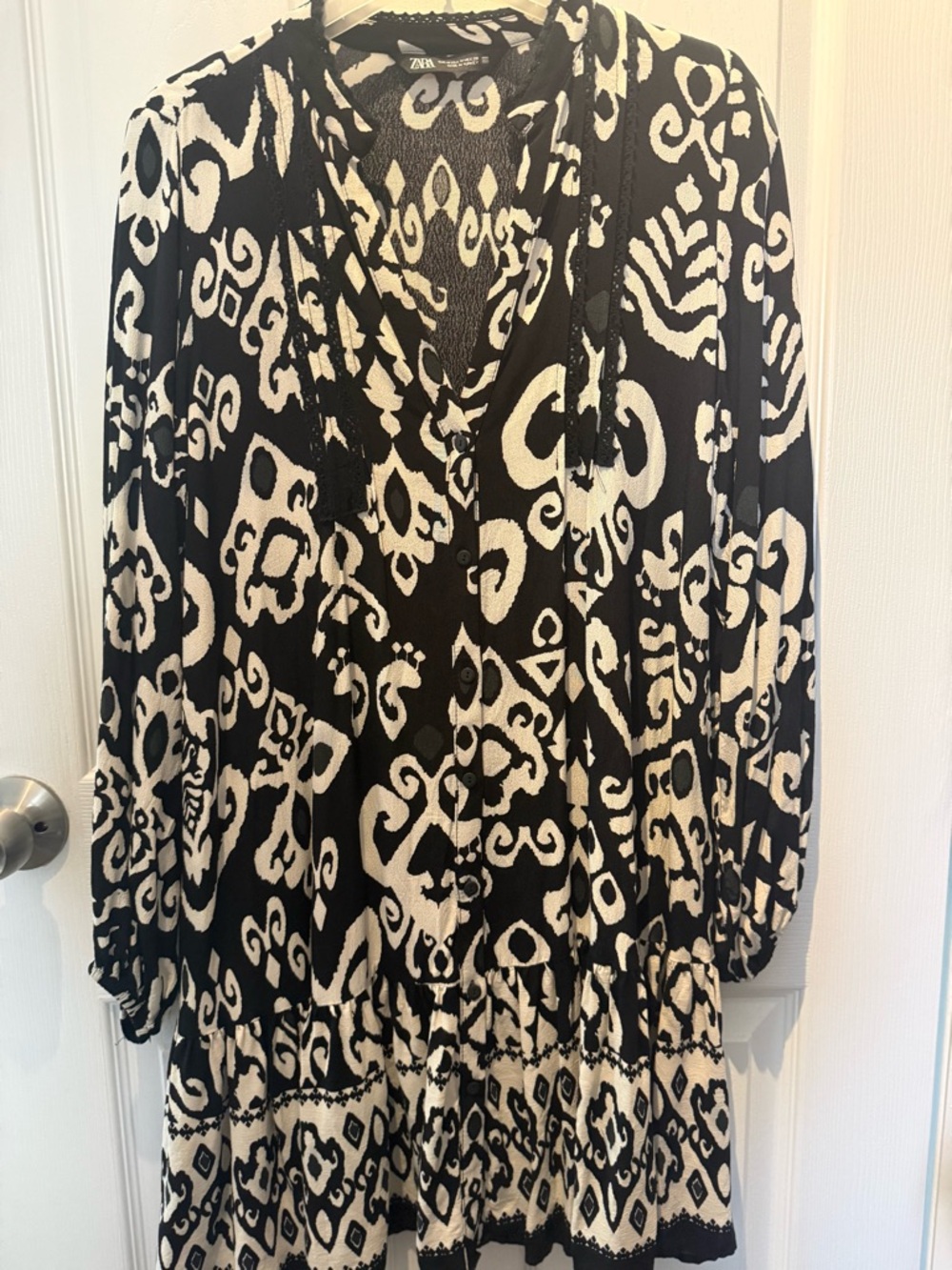 ZARA Black White Print Ruffle Hem Tunic Mini Dress Womens Size M - Picture 3 of 8